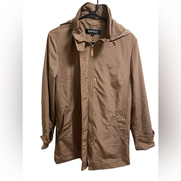Ellen Tracy Brown Hooded Zippered Snap Front Coat Jacket Sz Small - Picture 2 of 8